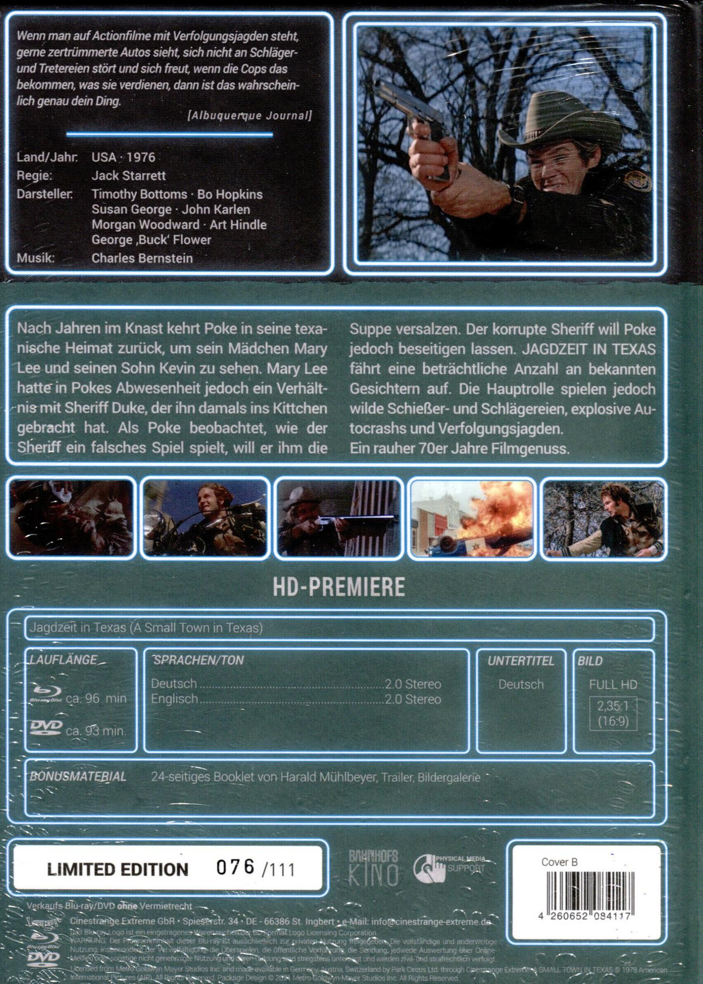 Filmplakat für Jagdzeit in Texas, mit einem Mann im Cowboyhut, der eine Pistole hält.