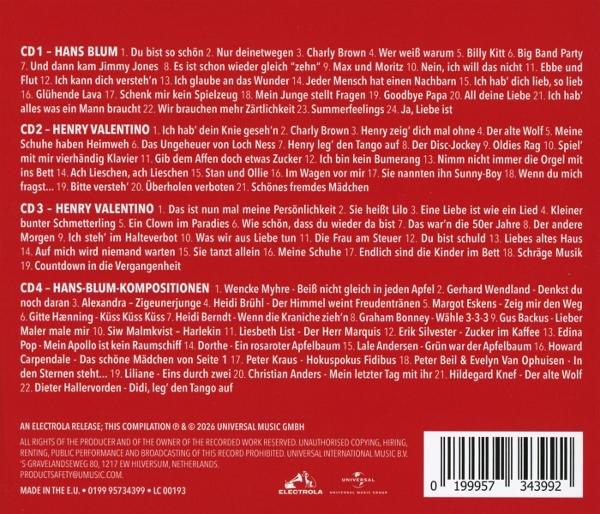 Roter Hintergrund mit Songtiteln und Künstlernamen auf vier CDs.