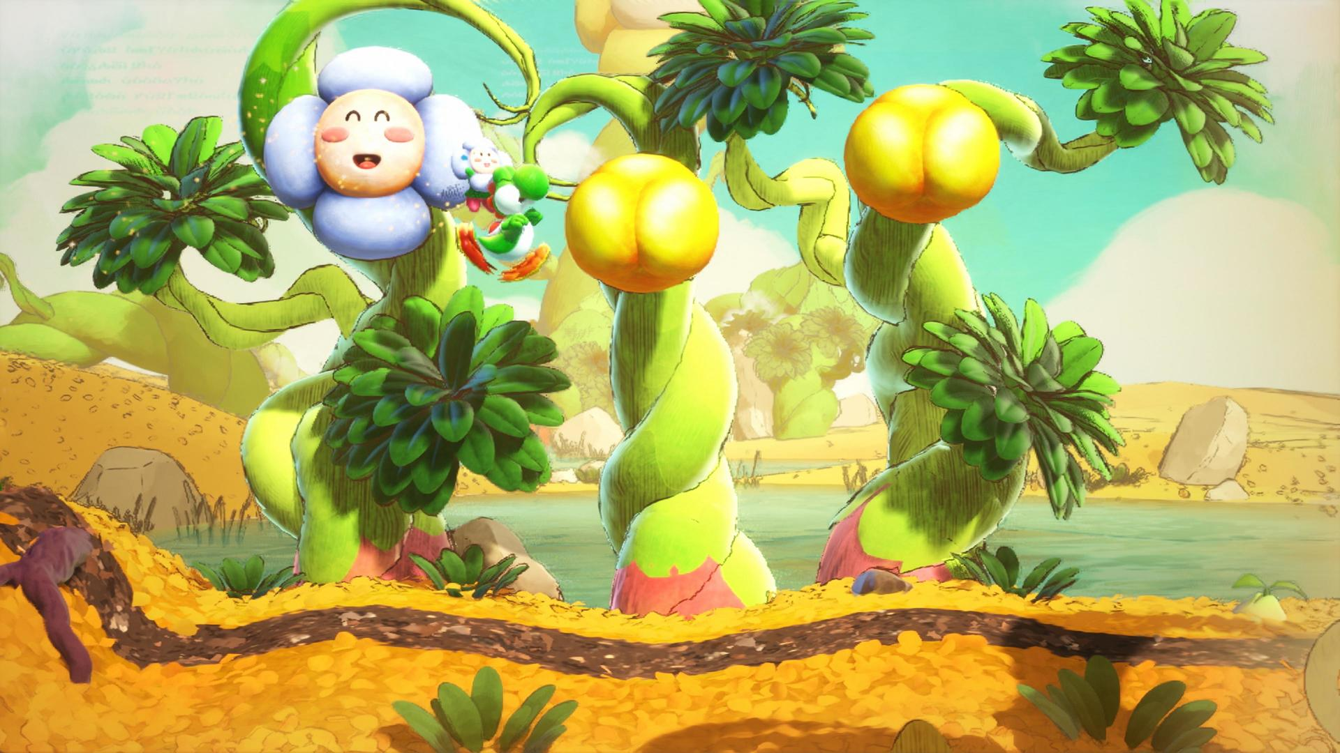 Ein freundliches Blumenwesen mit Yoshi auf einer bunten, surrealen Landschaft.