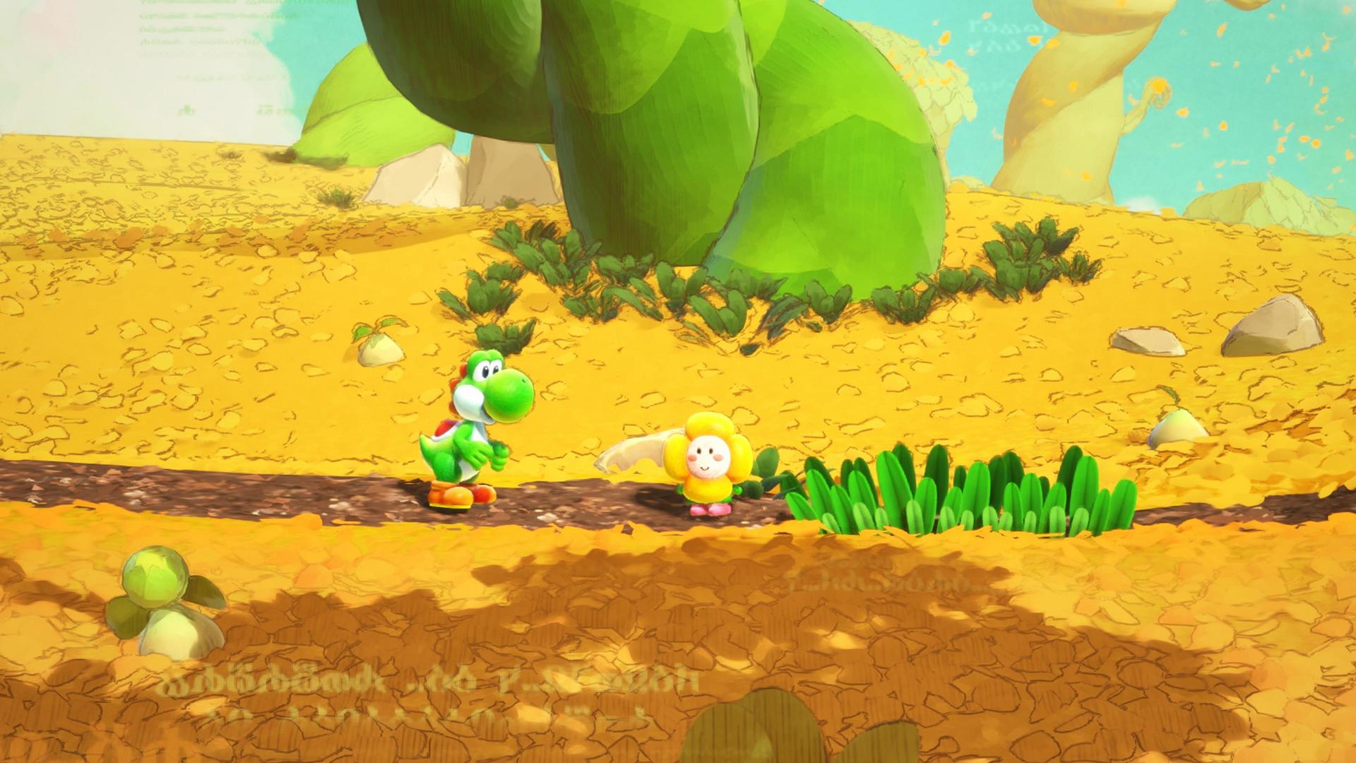 Yoshi und eine Blumenfigur stehen auf einem Weg. Grüne Pflanzen, gelber Boden, große grüne Stiele.