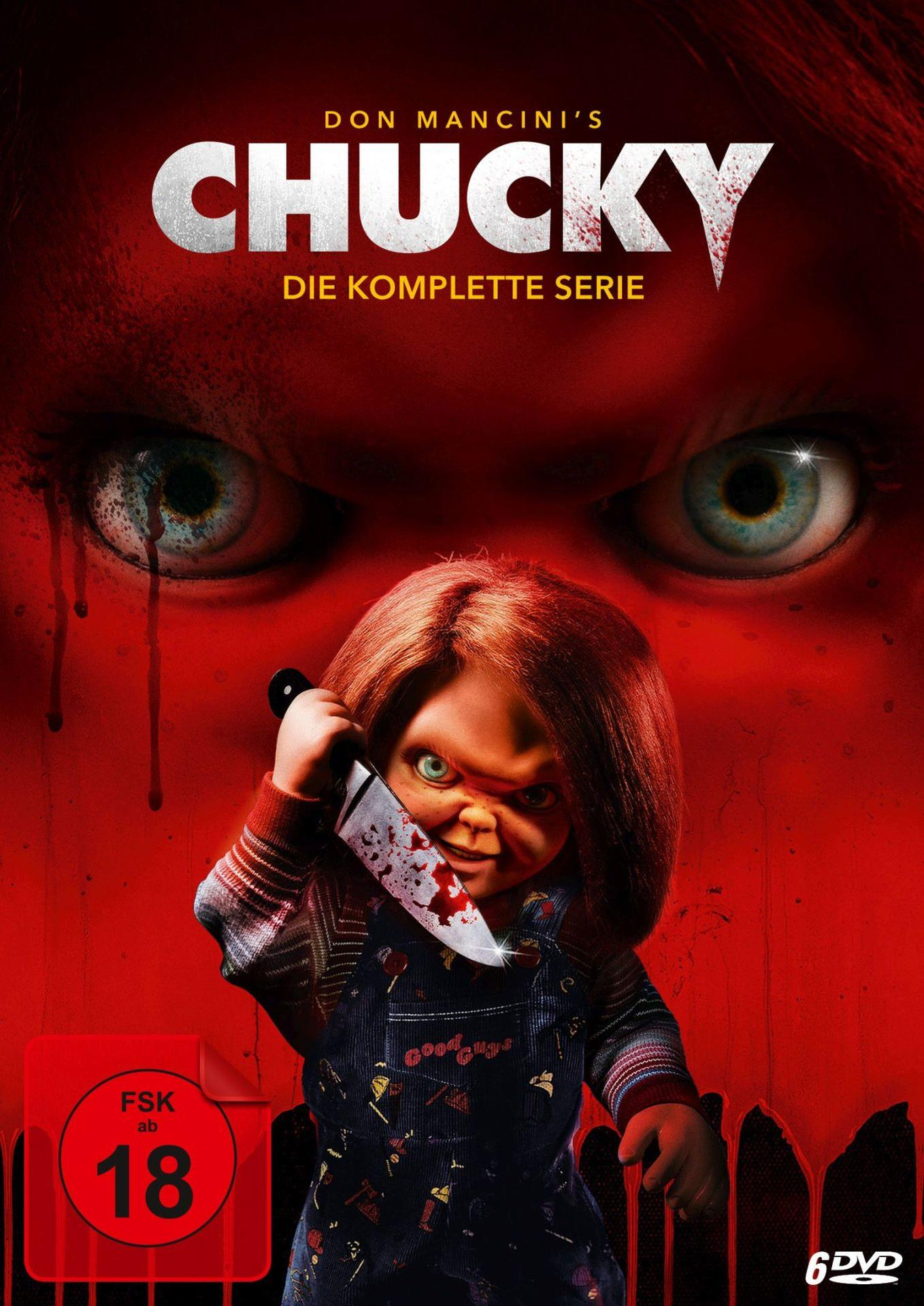 Chucky, die komplette Serie DVD-Cover mit der Puppe, die ein blutiges Messer hält.