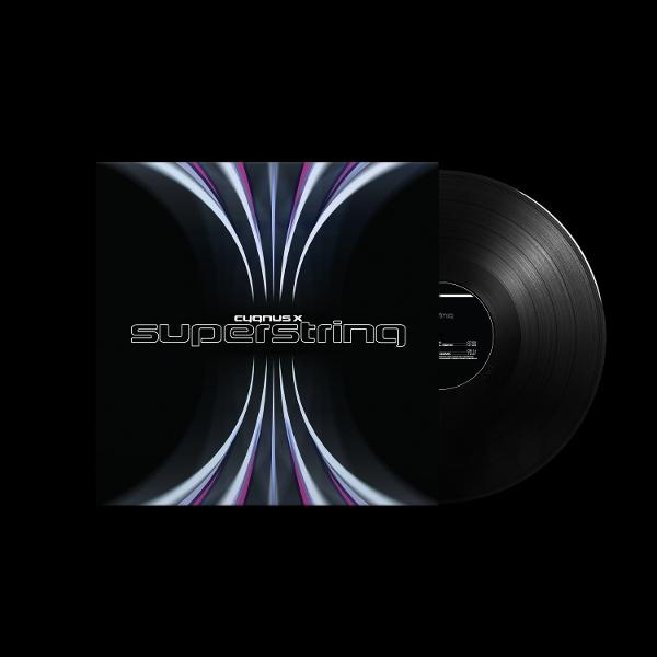 Schwarze Schallplatte mit "Superstring"-Cover und Neonlicht-Design.
