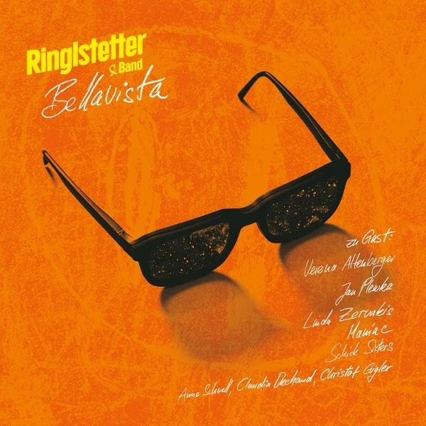 Schwarze Sonnenbrille mit Sternen im Glas auf orangefarbenem Hintergrund, Albumcover.