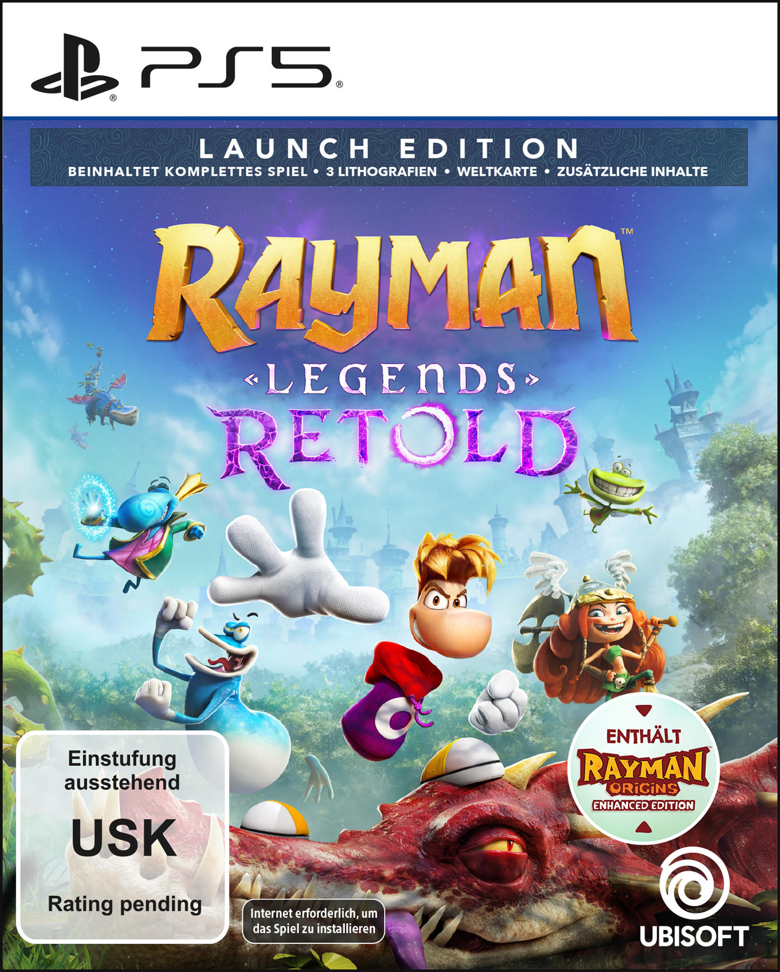 Rayman Legends Retold PS5 Hülle mit Charakteren, Drachen und dem PS5-Logo.