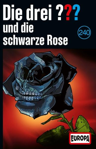 Eine schwarze Rose mit Totenkopfmerkmalen und kleinen Schädeln, auf rotem Hintergrund.