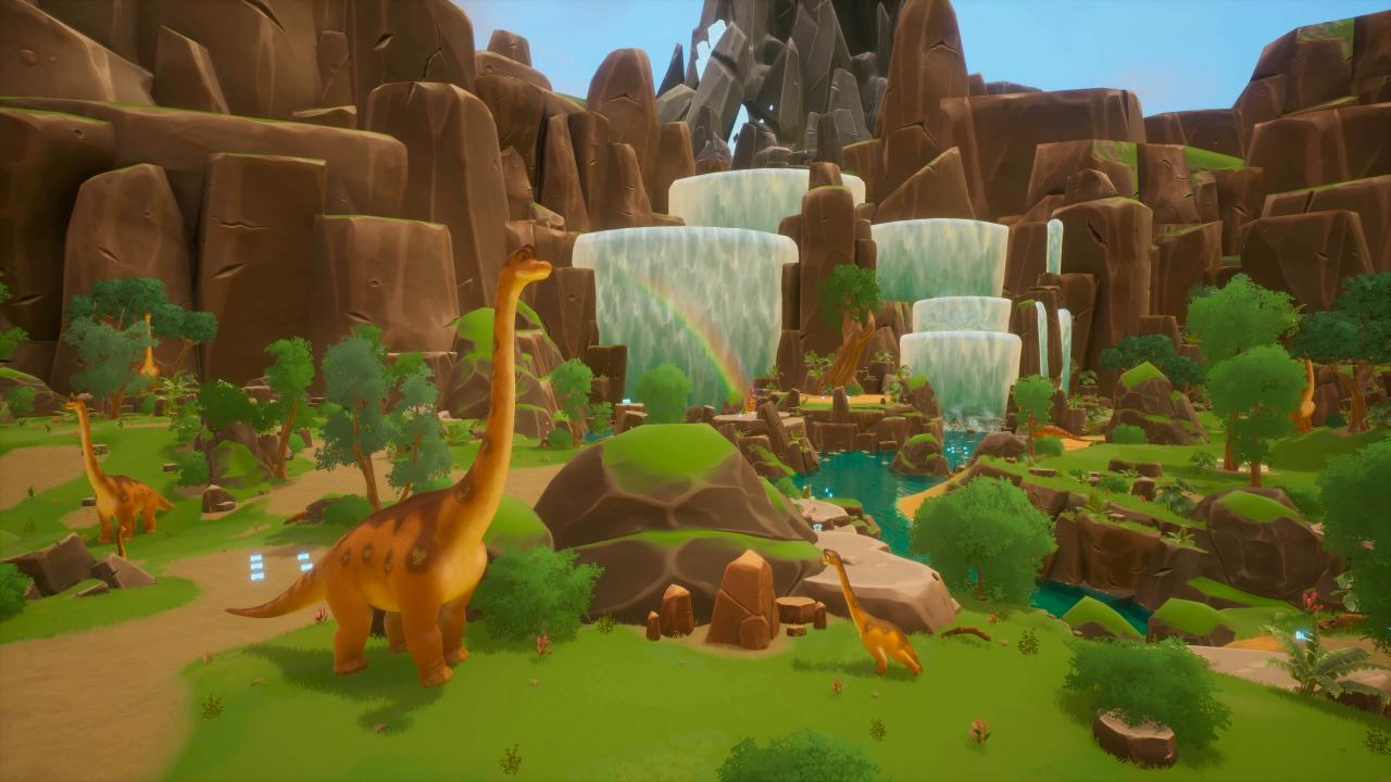 Drei orange Langhalsdinosaurier in einer grünen Landschaft mit Wasserfällen und Regenbogen.