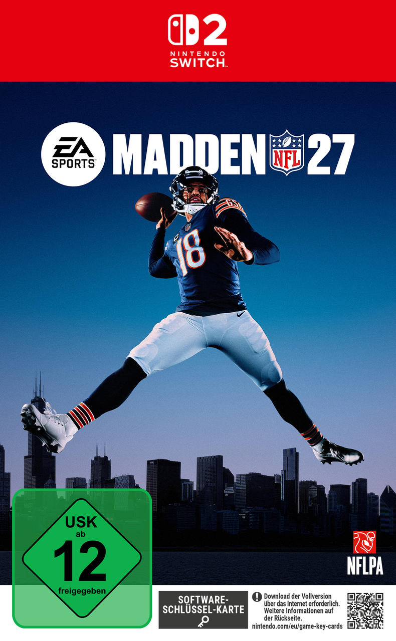 Madden NFL 27 Cover: Spieler wirft Ball vor Stadtkulisse, Nintendo Switch.