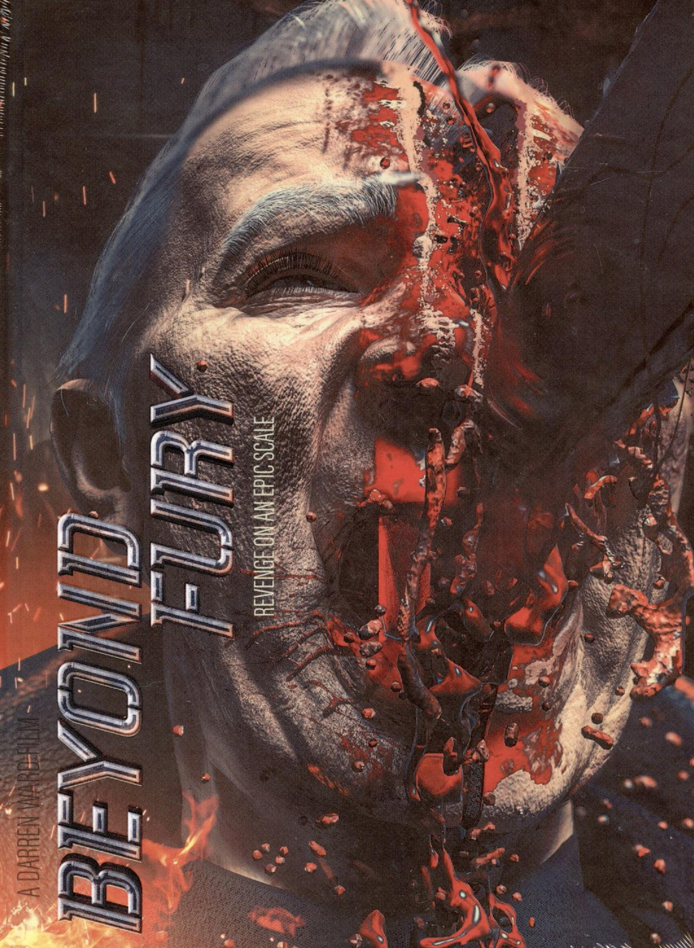 Nahaufnahme eines Mannes mit blutigem, zerfetztem Gesicht und dem Titel BEYOND FURY.