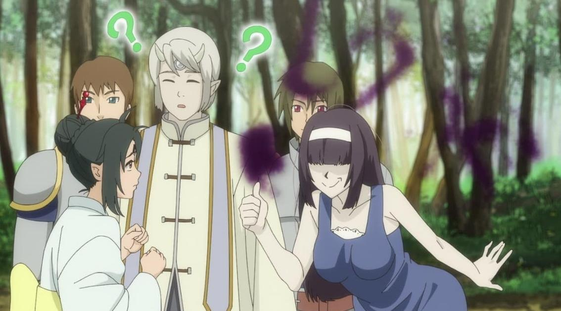 Fünf Anime-Charaktere stehen in einem Wald. Zwei grüne Fragezeichen schweben über den Köpfen.