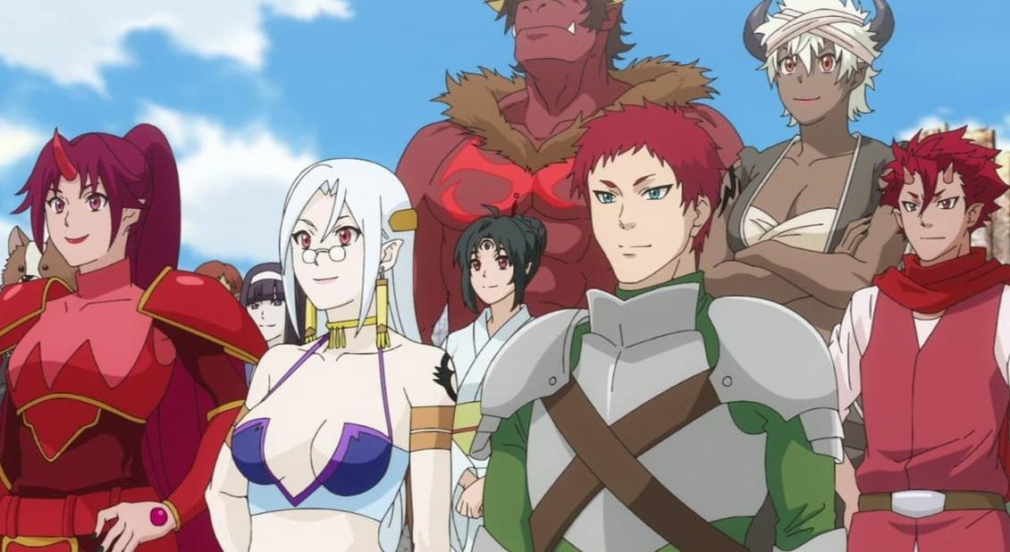 Eine Gruppe von Fantasy-Charakteren mit roten, weißen und grünen Outfits vor blauem Himmel.