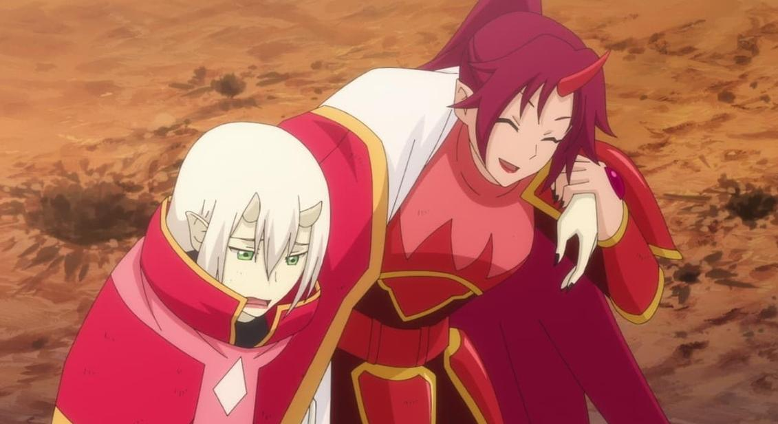 Zwei Anime-Figuren, eine mit weißen Haaren und Hörnern, die andere mit roten Haaren und Hörnern.
