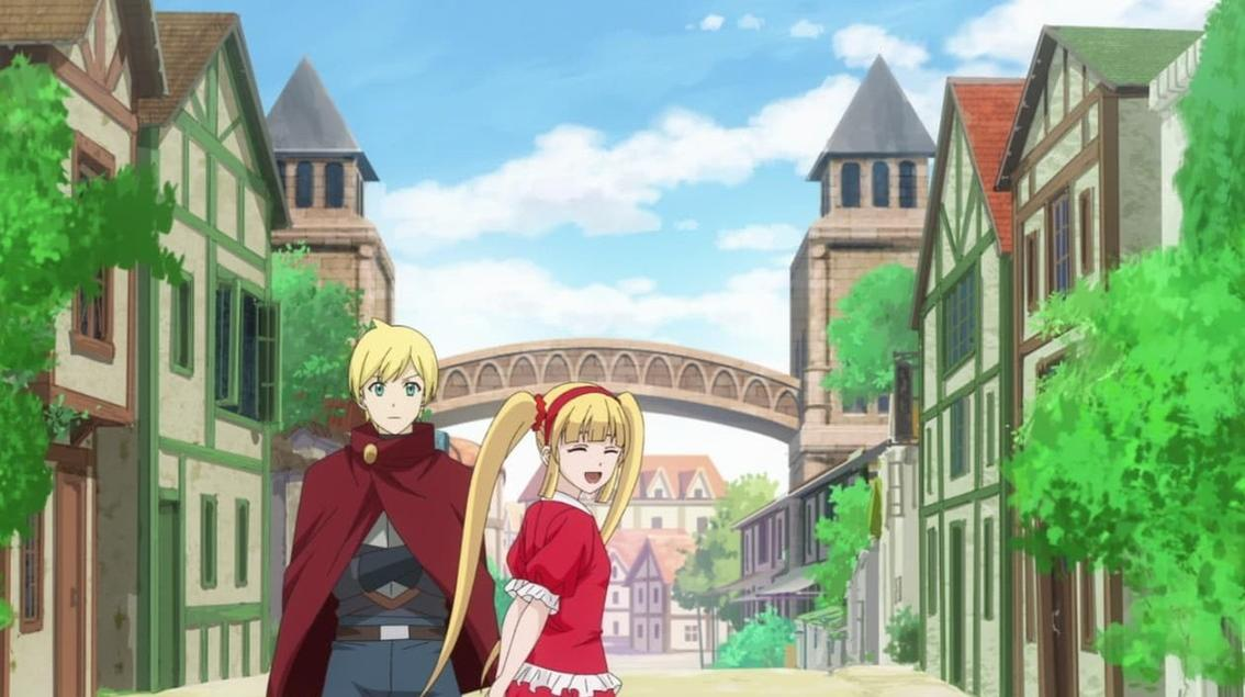 Zwei Anime-Figuren, ein Mann und eine Frau, stehen in einer mittelalterlichen Stadt.