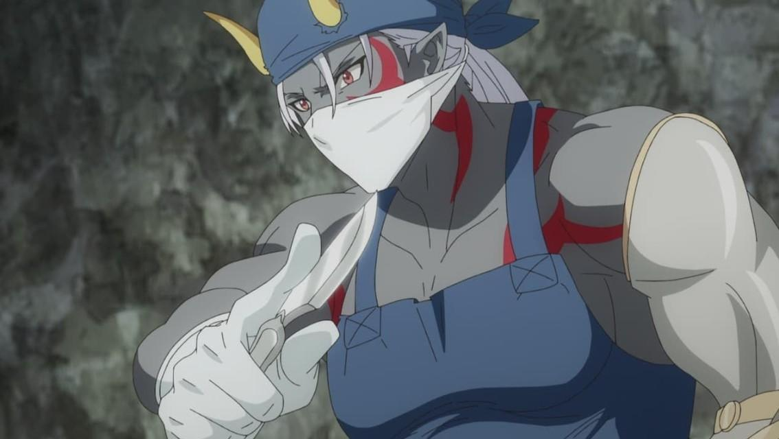 Eine grauhäutige Figur mit roten Markierungen und einem blauen Kopftuch hält ein Messer.