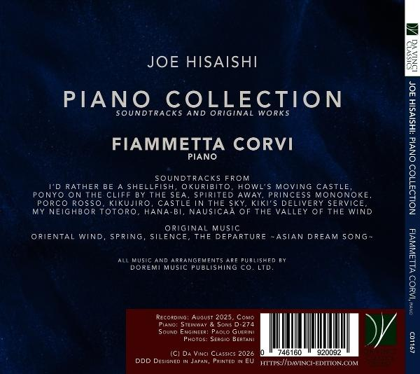Rückseite eines Albumcovers mit Titeln von Joe Hisaishi, aufgeführt von Fiammetta Corvi.