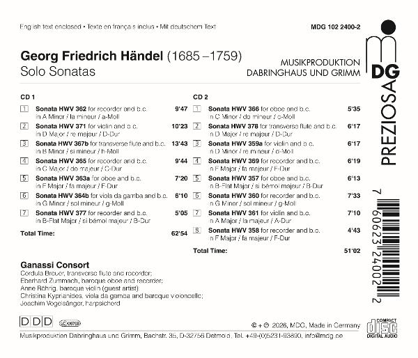 Händels Solo Sonatas CD-Liste mit Titeln, Besetzung und Spieldauer.