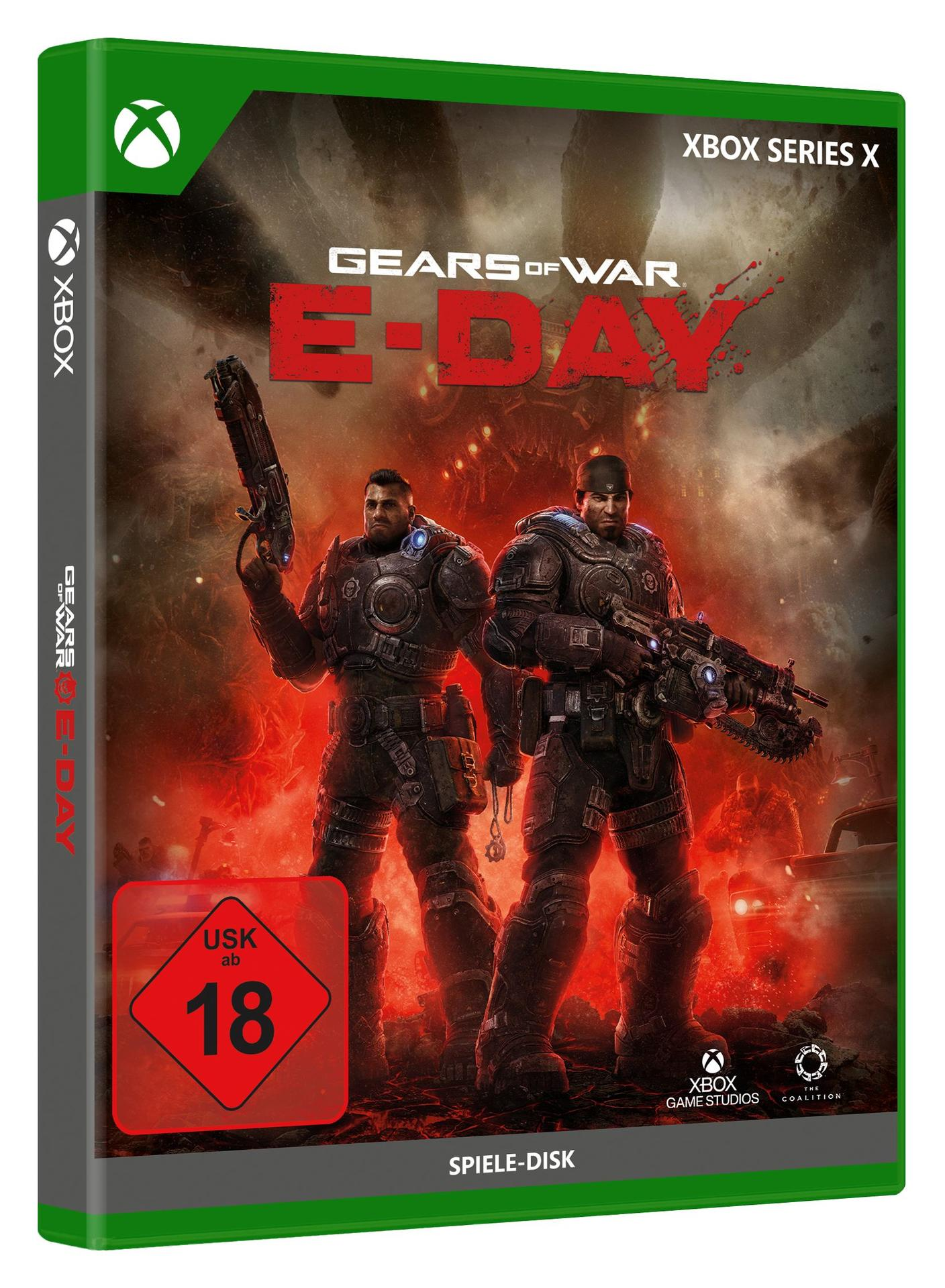 Zwei Soldaten in Rüstung mit Gewehren; Xbox Series X Hülle für Gears of War: E-Day.