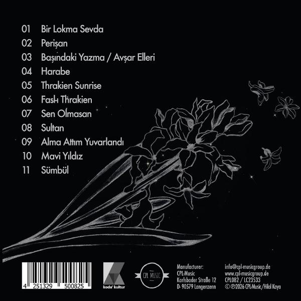 Schwarz-weiße Zeichnung von Blumen und Songliste auf schwarzem Hintergrund.