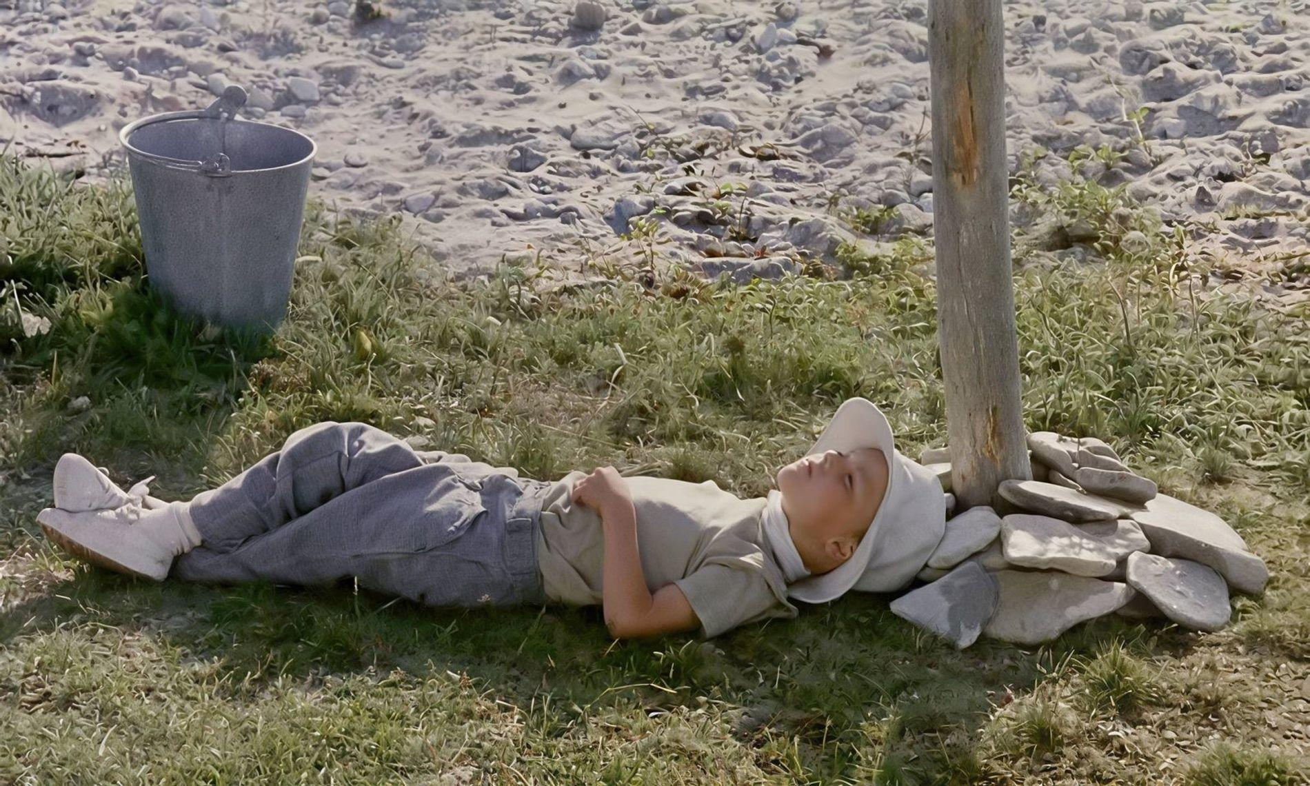 Ein Junge in Jeans und Hut liegt im Gras neben einem Baumstamm und einem Eimer.
