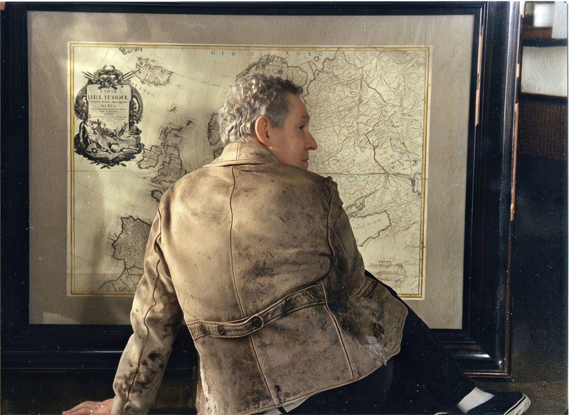 Mann in Lederjacke vor einer alten Europakarte.
