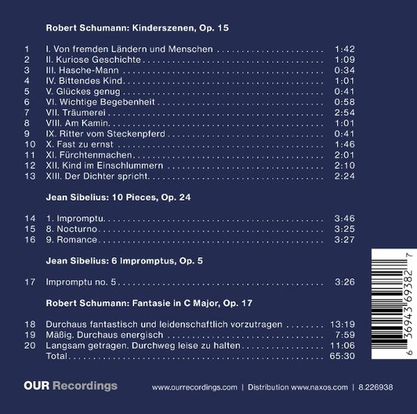 Eine Liste mit Musikstücken von Schumann und Sibelius, mit Titeln und Längen.