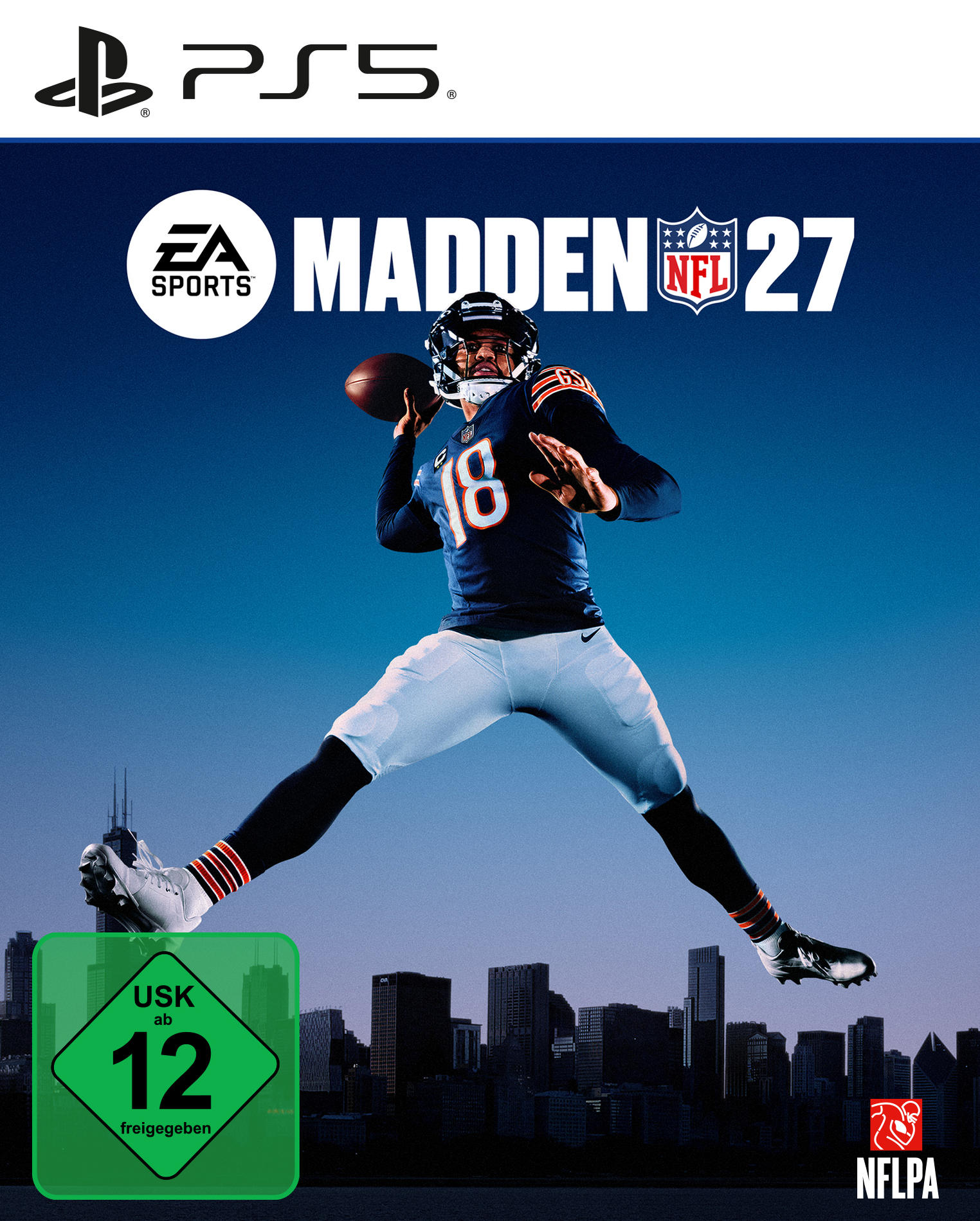 Madden 27 Cover: Spieler wirft Ball vor Stadtkulisse. PS5 Logo oben.