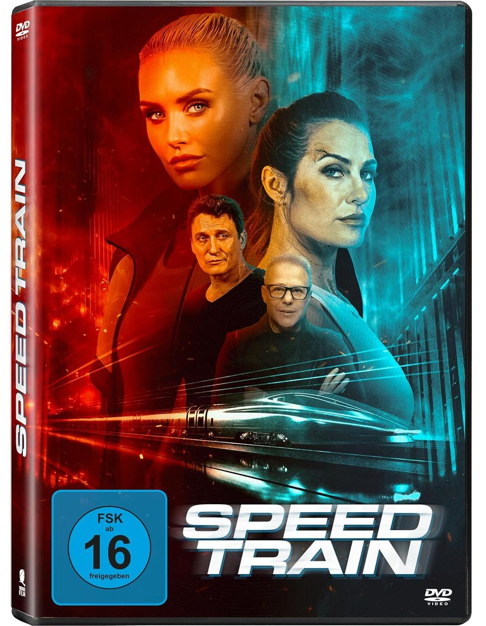 Kinoplakat für Speed Train mit vier Schauspielern und einem Zug. FSK 16.
