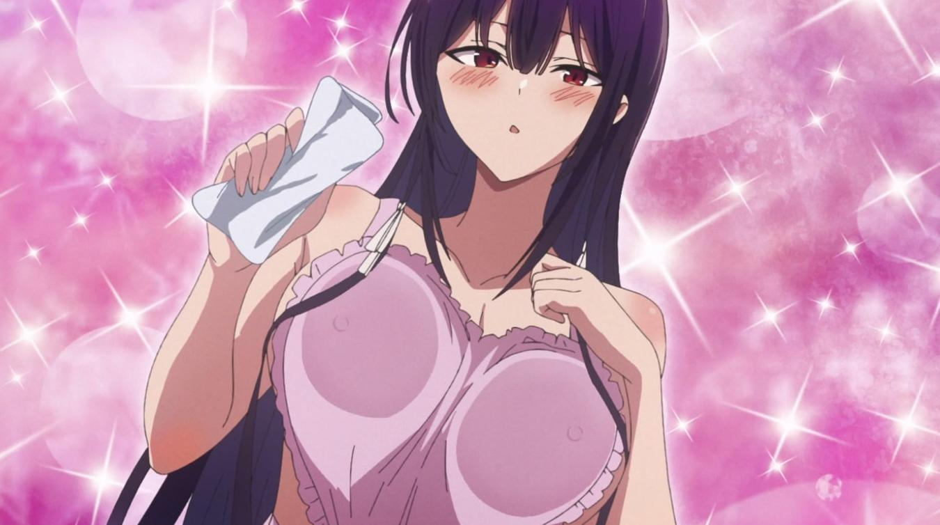 Anime-Mädchen mit dunklem Haar in rosa Kleid, hält ein weißes Tuch.
