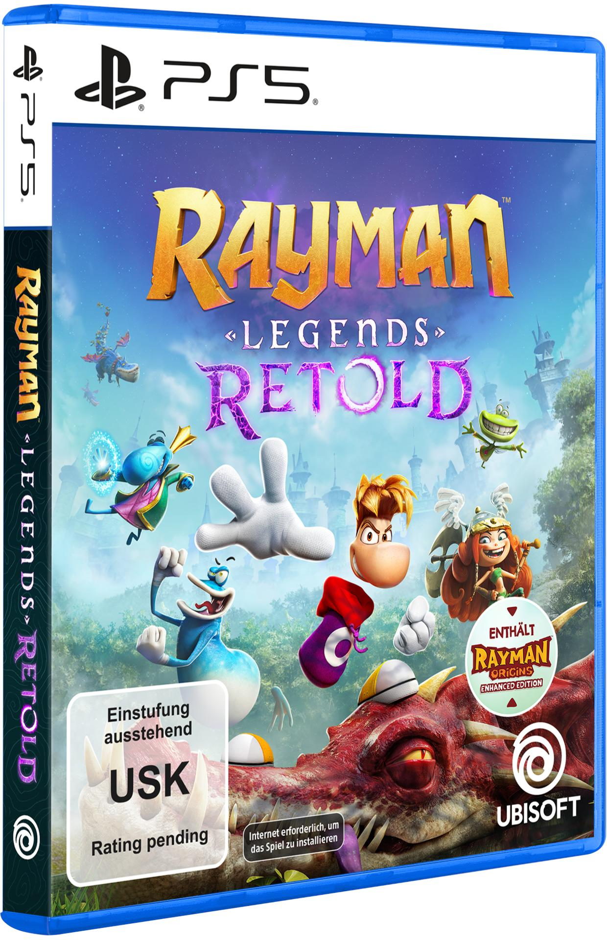 Rayman Legends Retold PS5-Hülle mit Charakteren, einem Drachen und USK-Rating.