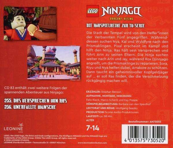 Ninjago-Hörspielcover mit Figuren und Tempel. Enthält Textinformationen.
