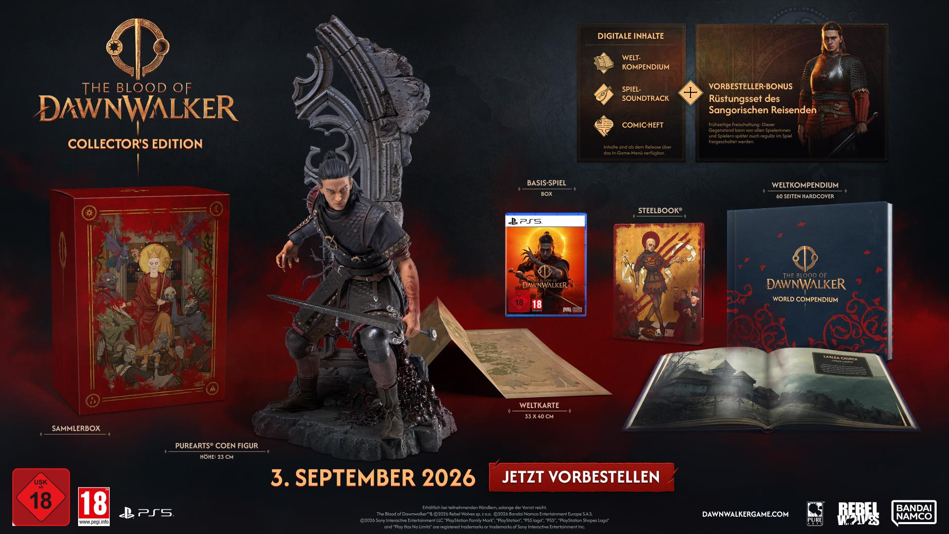 Collector's Edition von 'The Blood of Dawnwalker' mit Figur, Spiel, Steelbook, Weltkompendium und Box.