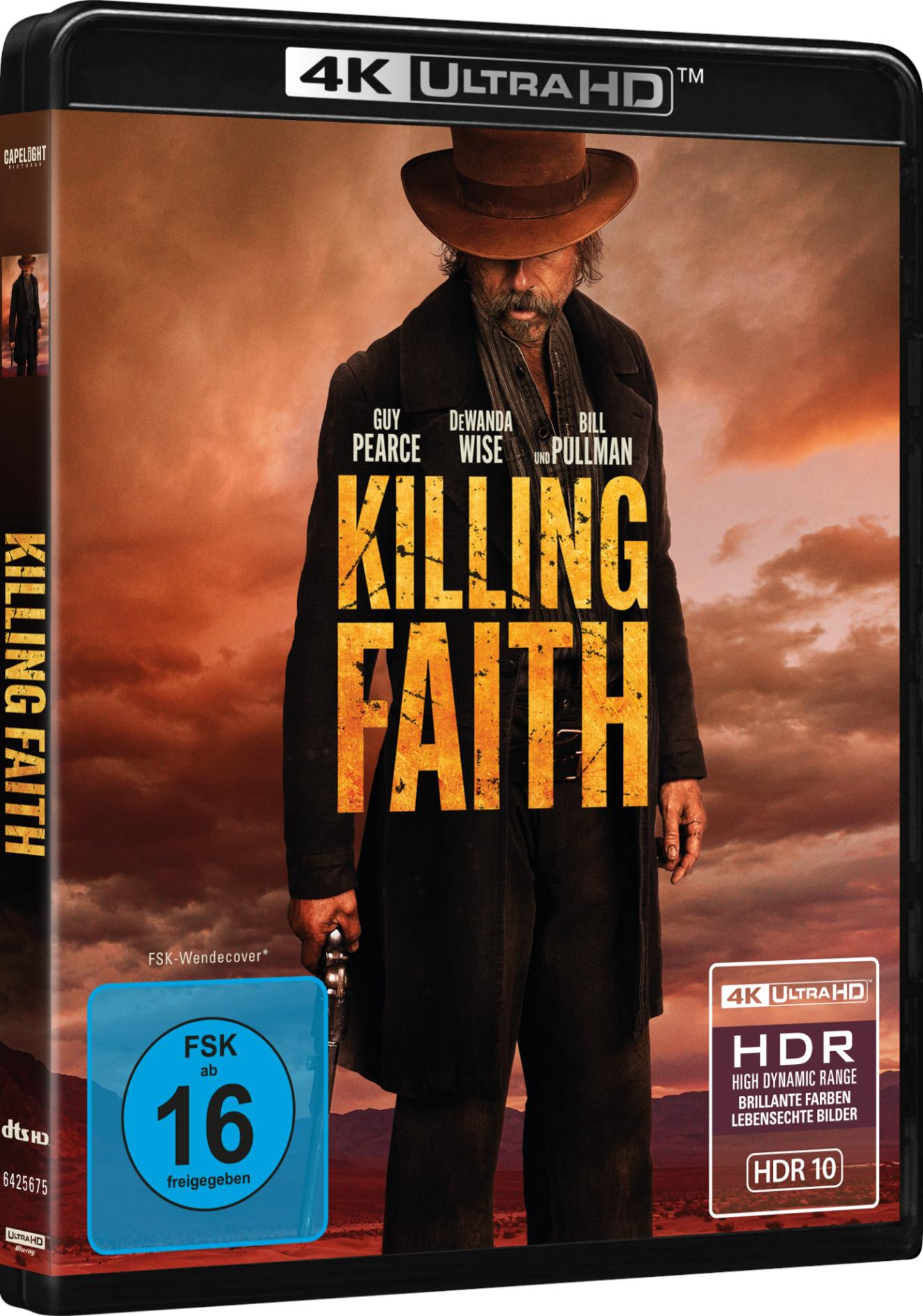 Mann im Hut und Mantel vor dramatischem Himmel. Titel: Killing Faith.