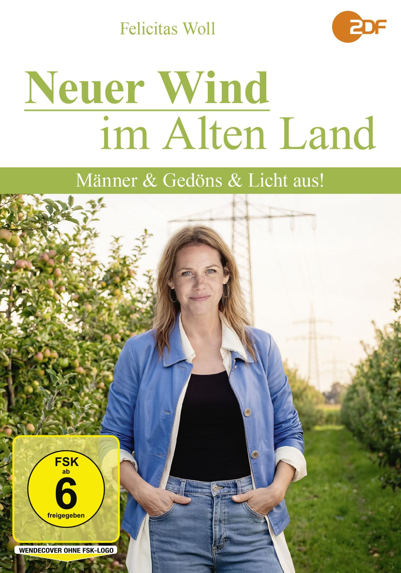 Frau vor Apfelbaumreihe, im Hintergrund Strommasten, mit FSK-Logo.