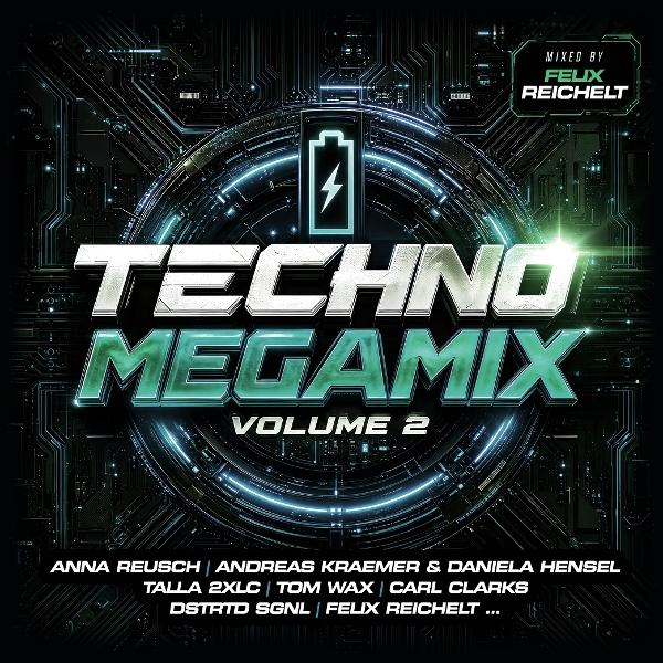 Techno Megamix Volume 2 Cover mit Leiterplattenhintergrund und Batteriesymbol.