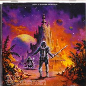 Ein Krieger mit Schwert steht vor einer Fantasieburg im Weltraum mit Planeten und Palmen.