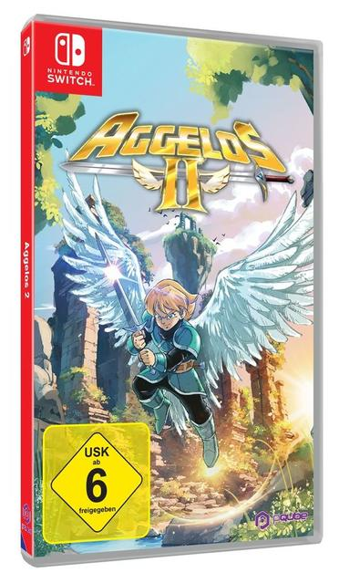 Aggelos II Nintendo Switch-Spielcover mit geflügeltem Jungen, der ein Schwert hält.
