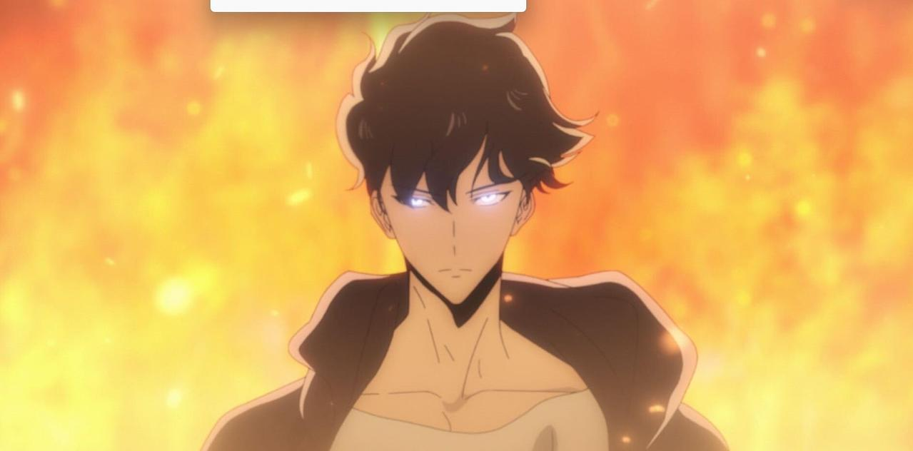 Ein Anime-Charakter mit dunklem Haar und leuchtend blauen Augen vor einem orangefarbenen Hintergrund.