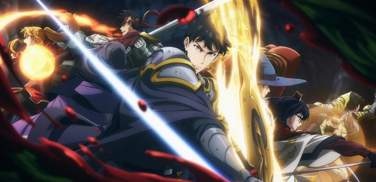 Anime-Charaktere in Rüstung kämpfen mit Schwertern und Magie, Blut spritzt.
