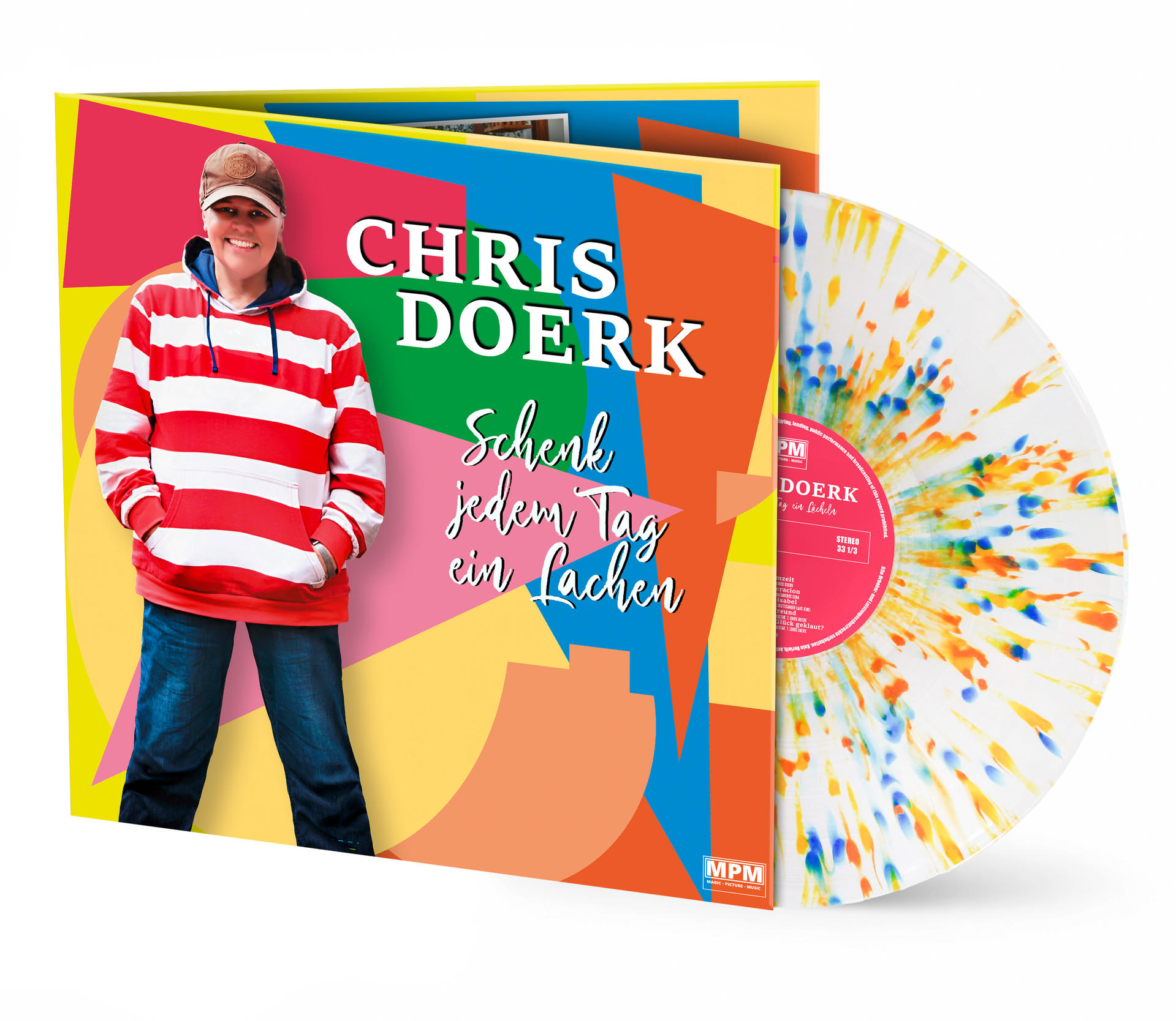 Chris Doerk Vinyl mit farbigem Design und Porträt. Musikplatte mit Spritzern.