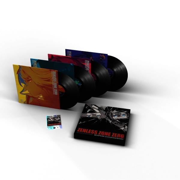 Vier Schallplatten mit bunten Hüllen und eine schwarze Box auf weißem Untergrund.