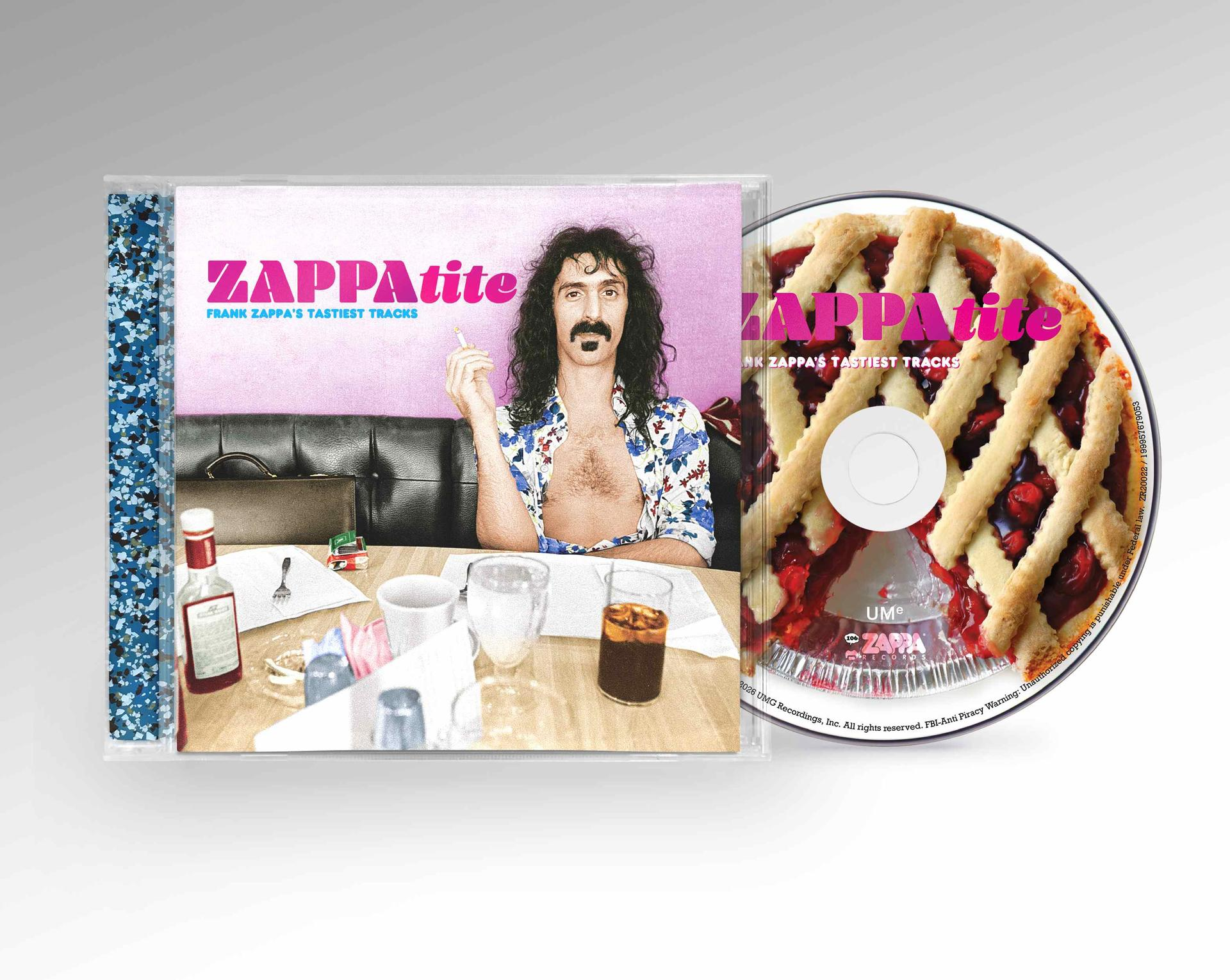 CD-Hülle und CD "ZAPPAtite" mit Frank Zappa und Kirschkuchen-Design.