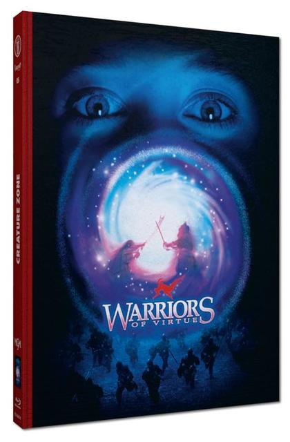 Cover von 'Warriors of Virtue'. Augen blicken auf eine Galaxie mit kämpfenden Kriegern.