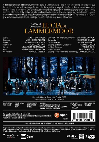 Die Rückseite einer DVD-Hülle für "Lucia di Lammermoor" mit Besetzungsliste und Bühnenbild.