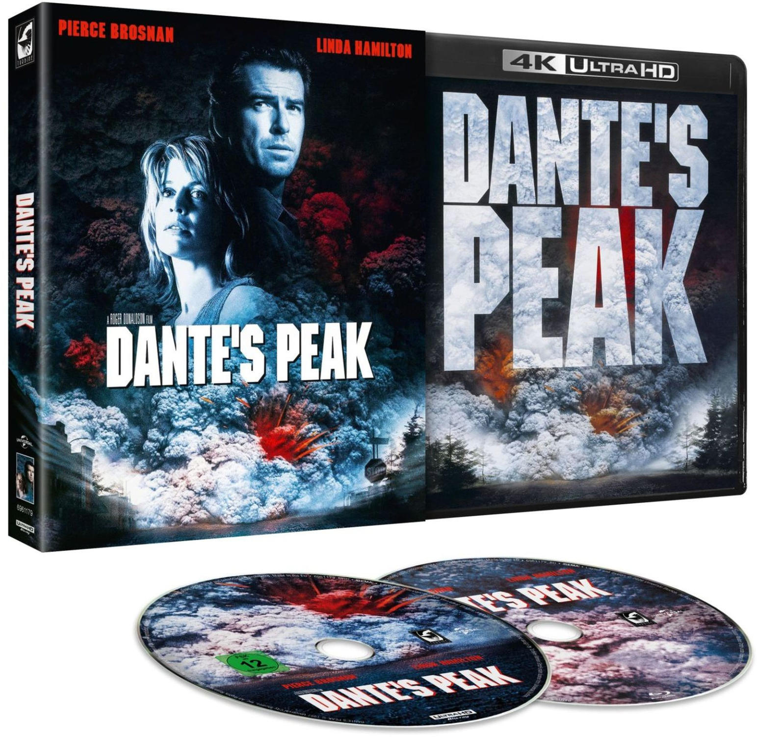 Cover von Dante's Peak 4K UHD Blu-ray mit Pierce Brosnan, Linda Hamilton und Vulkaneruption.