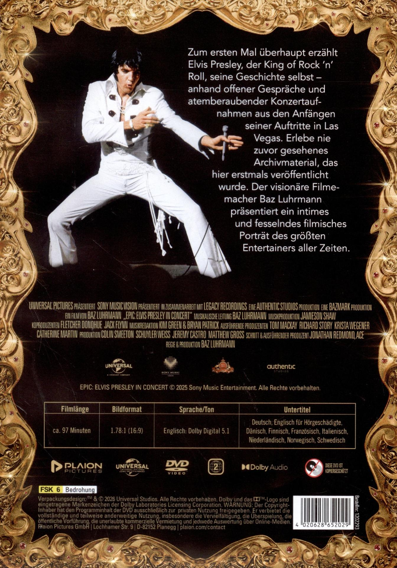 Elvis Presley in einem weißen Anzug auf einem Konzert, mit goldenem Rahmen.