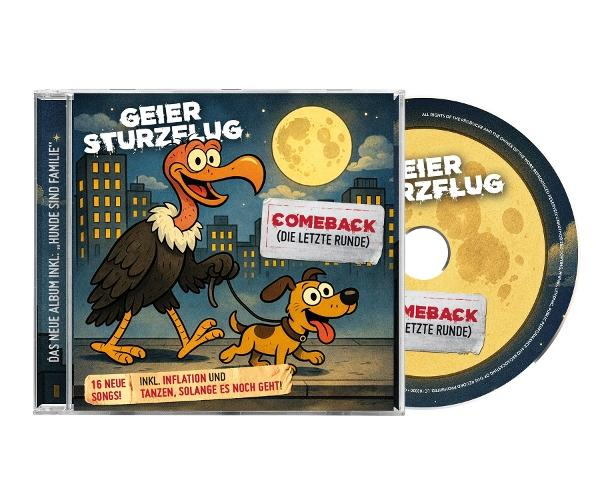 Eine Krähe und ein Hund laufen nachts durch eine Stadt. CD-Cover.