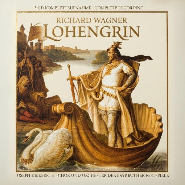 Mann in einem Boot mit Schwert und Horn, von einem Schwan gezogen, vor einer Burg.