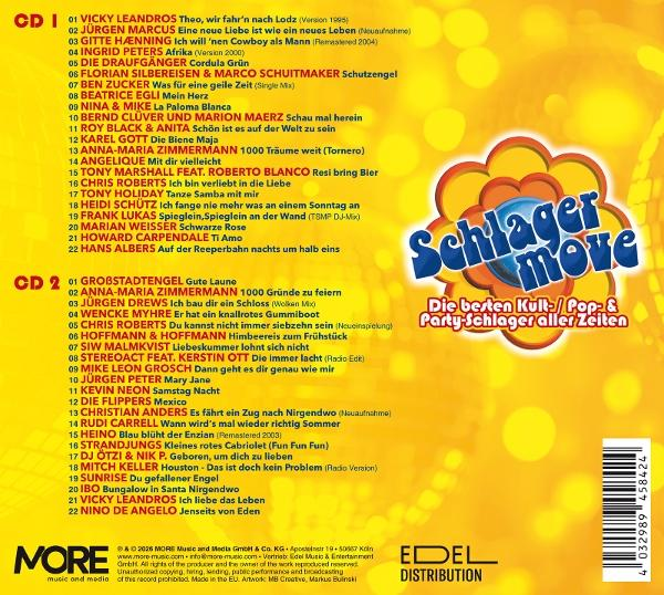 CD 1 und CD 2 Trackliste mit Künstlernamen und Titeln, Schlager Move Logo.