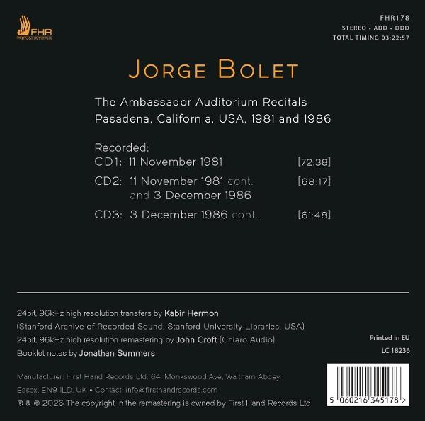 Albumcover mit 'JORGE BOLET', Aufnahmedaten und Barcode.