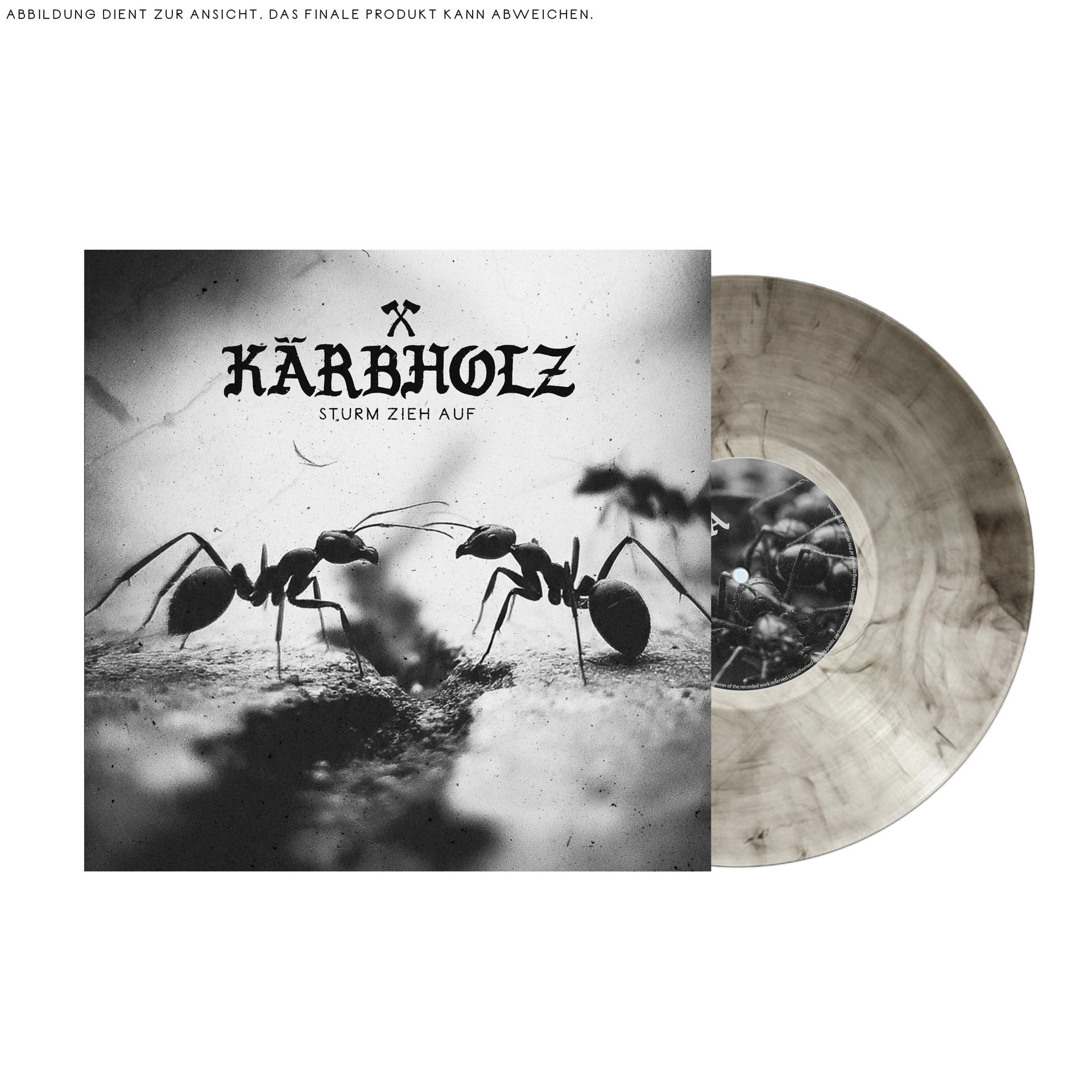 Schwarze Vinyl-Schallplatte mit einem Motiv von Ameisen und dem Bandnamen Kärbholz.
