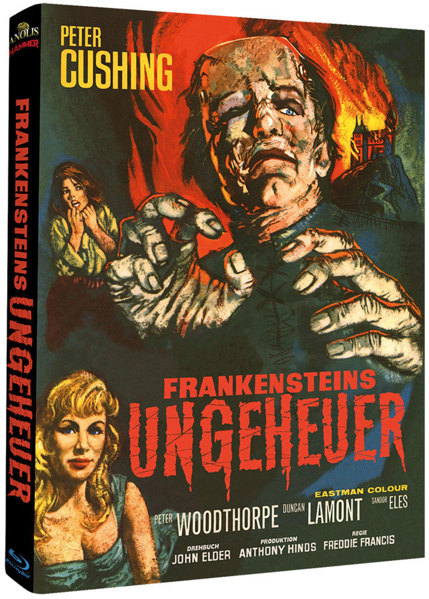 Frankenstein mit Peter Cushing, einer Frau in Panik und einer Frau in Blau. Feuer im Hintergrund.